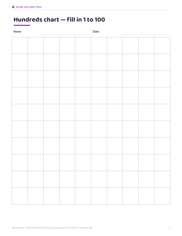 Preview of Printable Blank 100 Chart