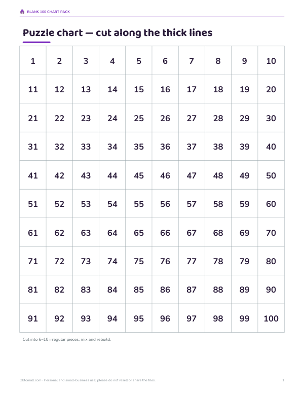 Preview of Printable Blank 100 Chart Puzzle