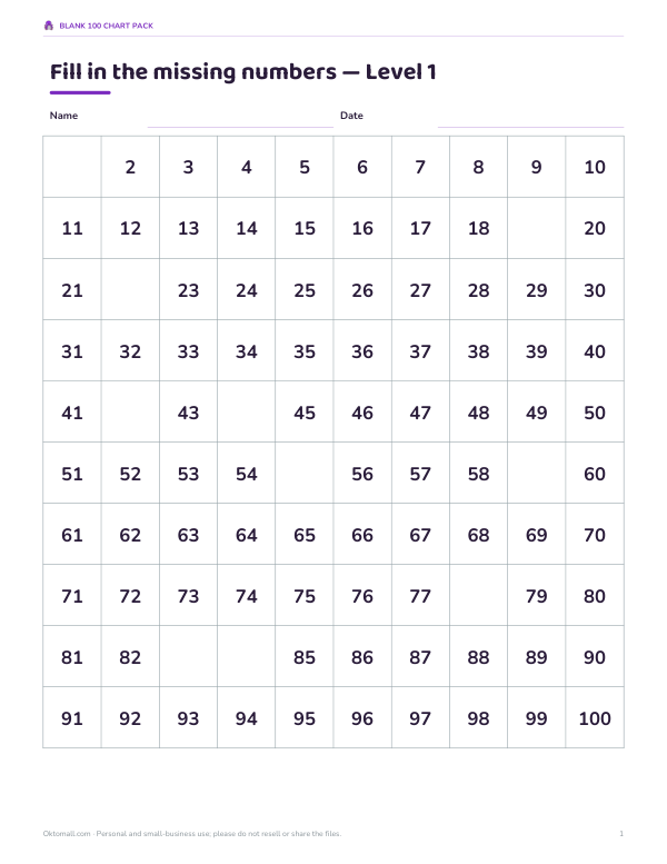 Preview of Printable Blank 100 Chart