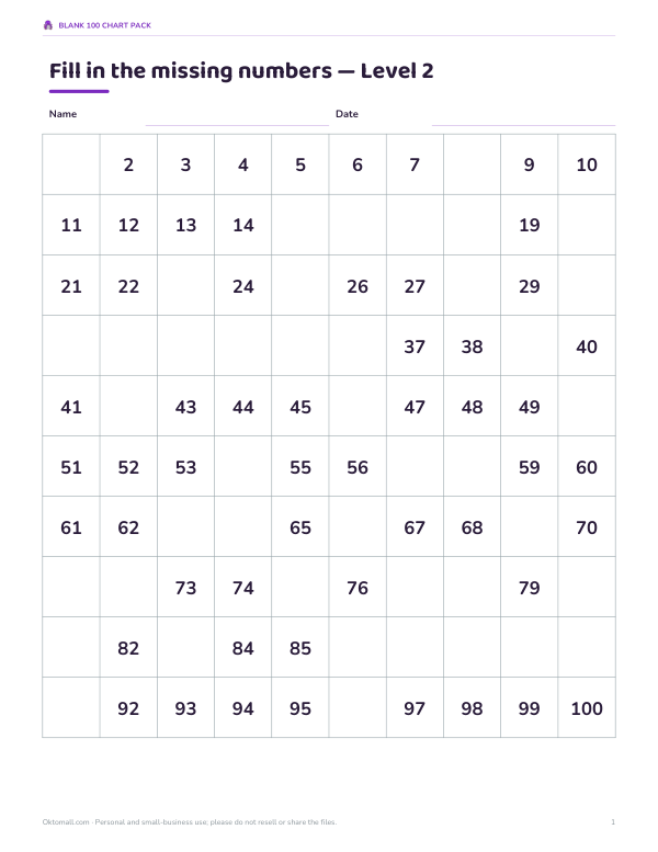 Preview of Printable Blank 100 Chart