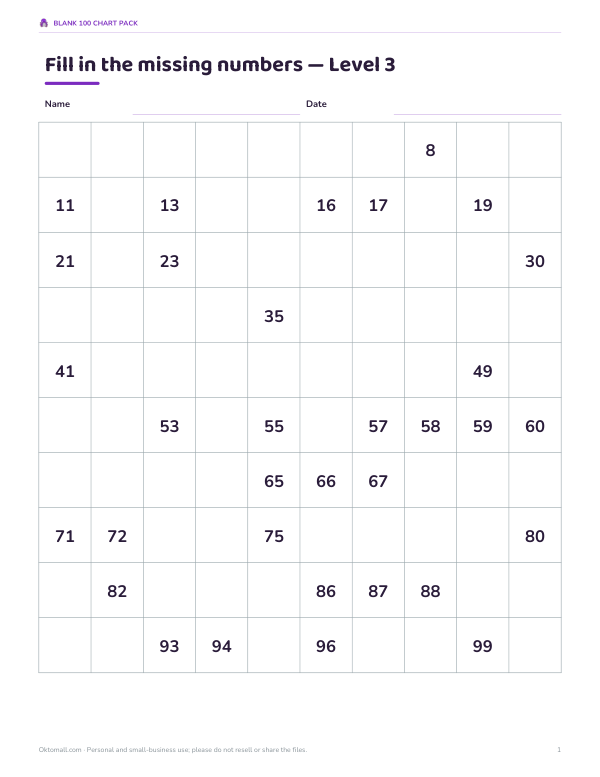 Preview of Printable Blank 100 Chart